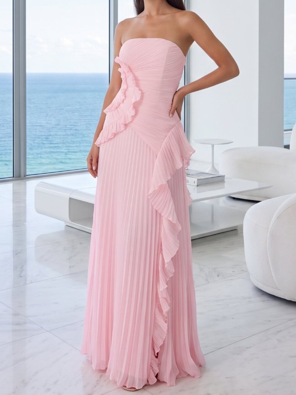 NWT LULUS Brylee pleated strapless lt. pink maxi dress M